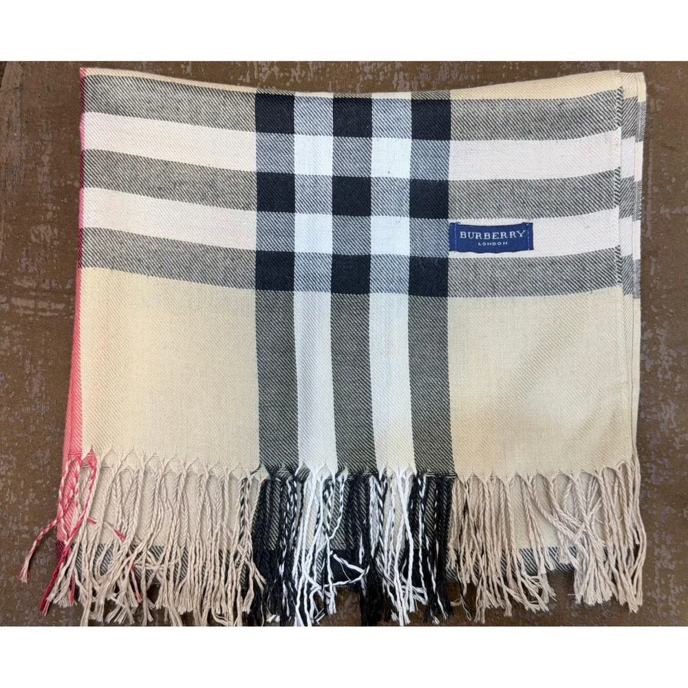 Burberry London Scarf Nova Check Tan Plaid Fringe Trim Unisex Designer Wrap